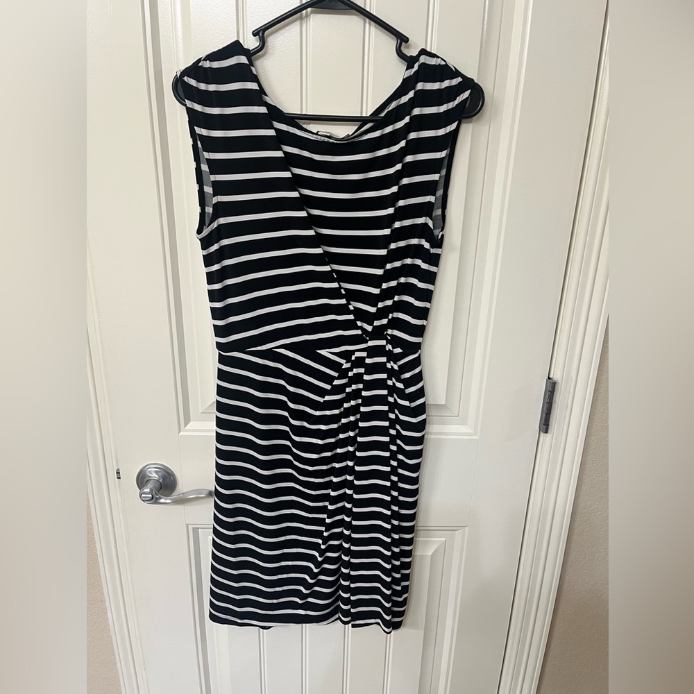 LOFT Black and White Striped Midi Dress